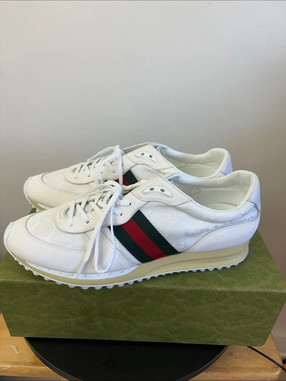 White Gucci Sneakers with Green & Red Stripe